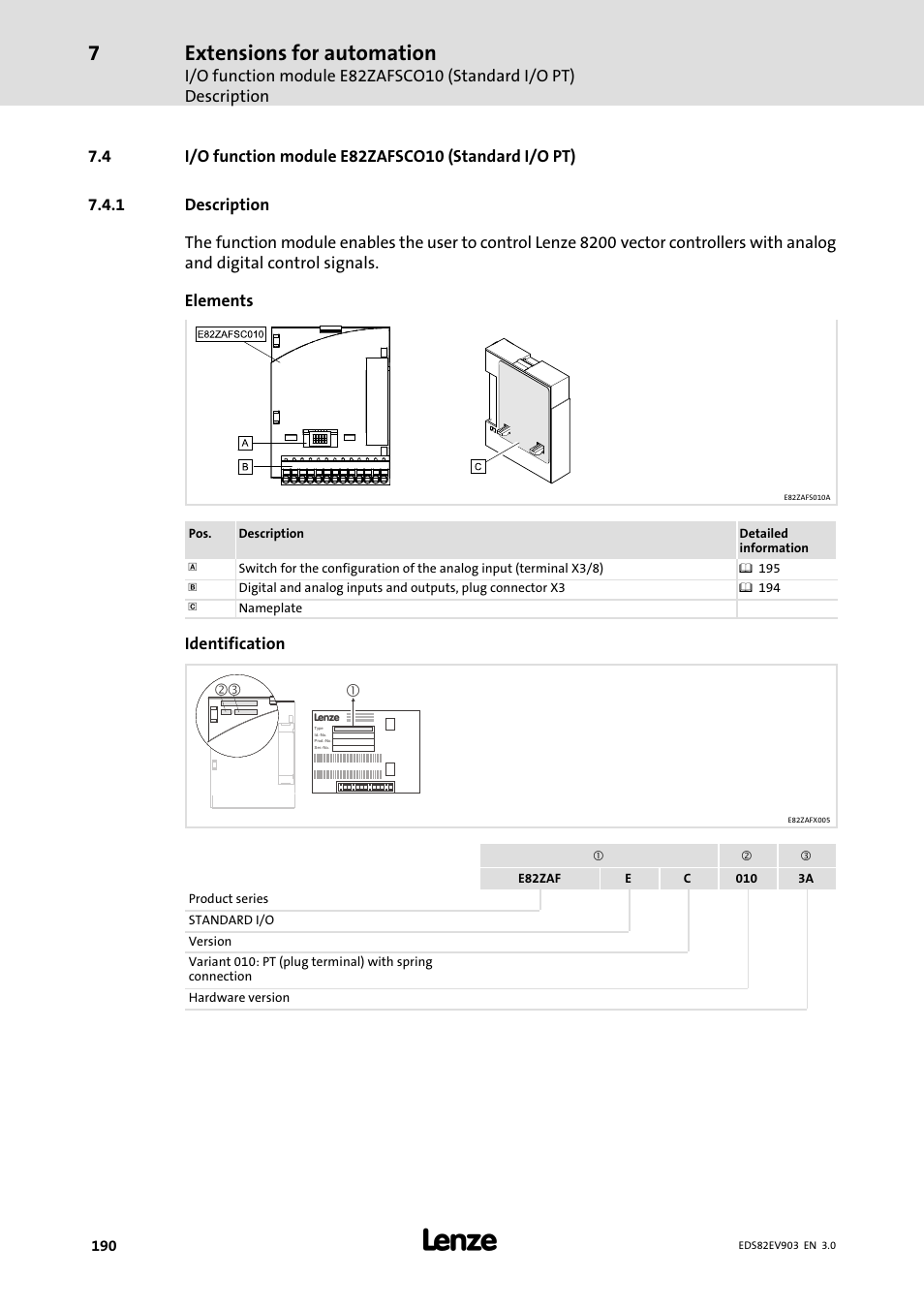 1 description, I/o function module e82zafsco10 (standard i/o pt), Description | Extensions for automation, Identification | Lenze E82xVxxxKxxxxx User Manual | Page 190 / 548