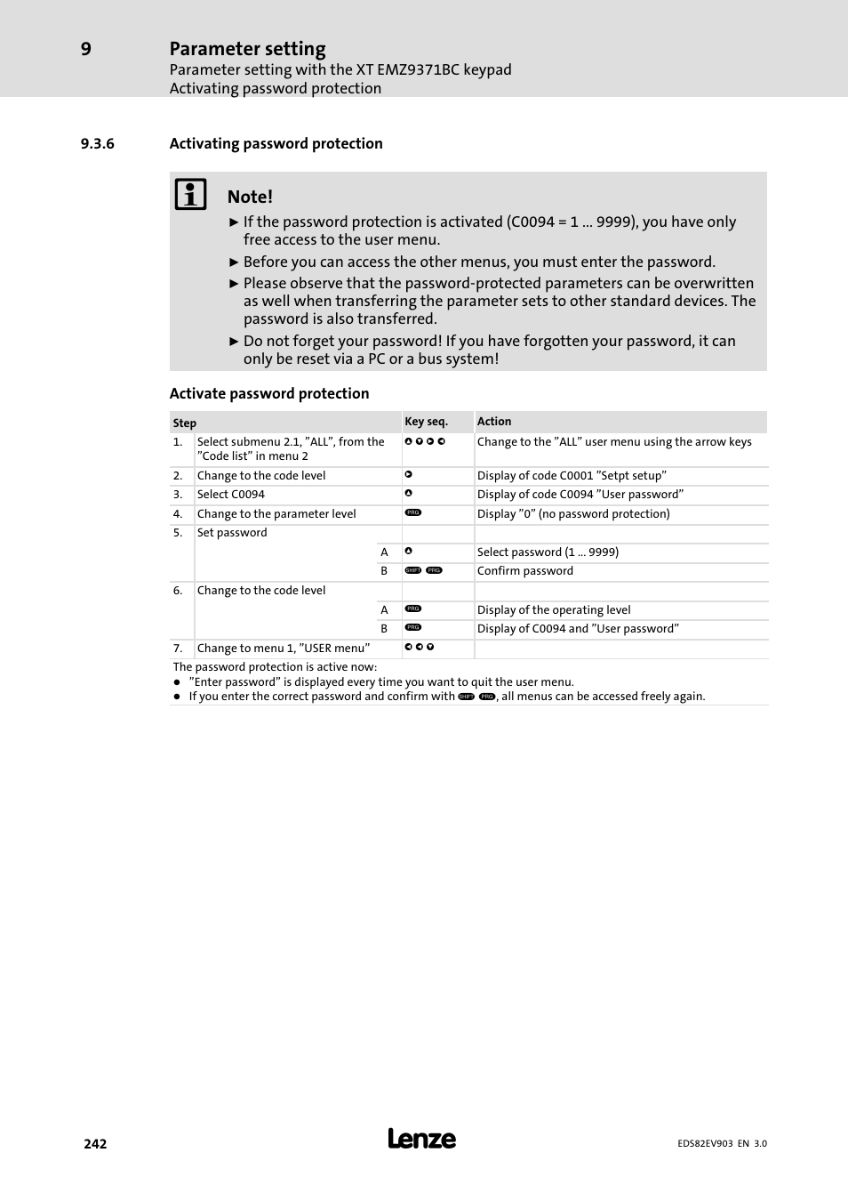 6 activating password protection, Activating password protection, Parameter setting | Lenze E82xVxxxKxxxxx User Manual | Page 242 / 548