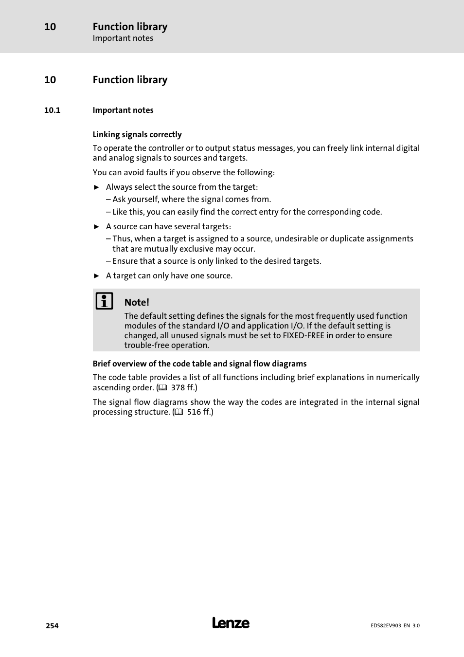 10 function library, 1 important notes, Function library | Lenze E82xVxxxKxxxxx User Manual | Page 254 / 548