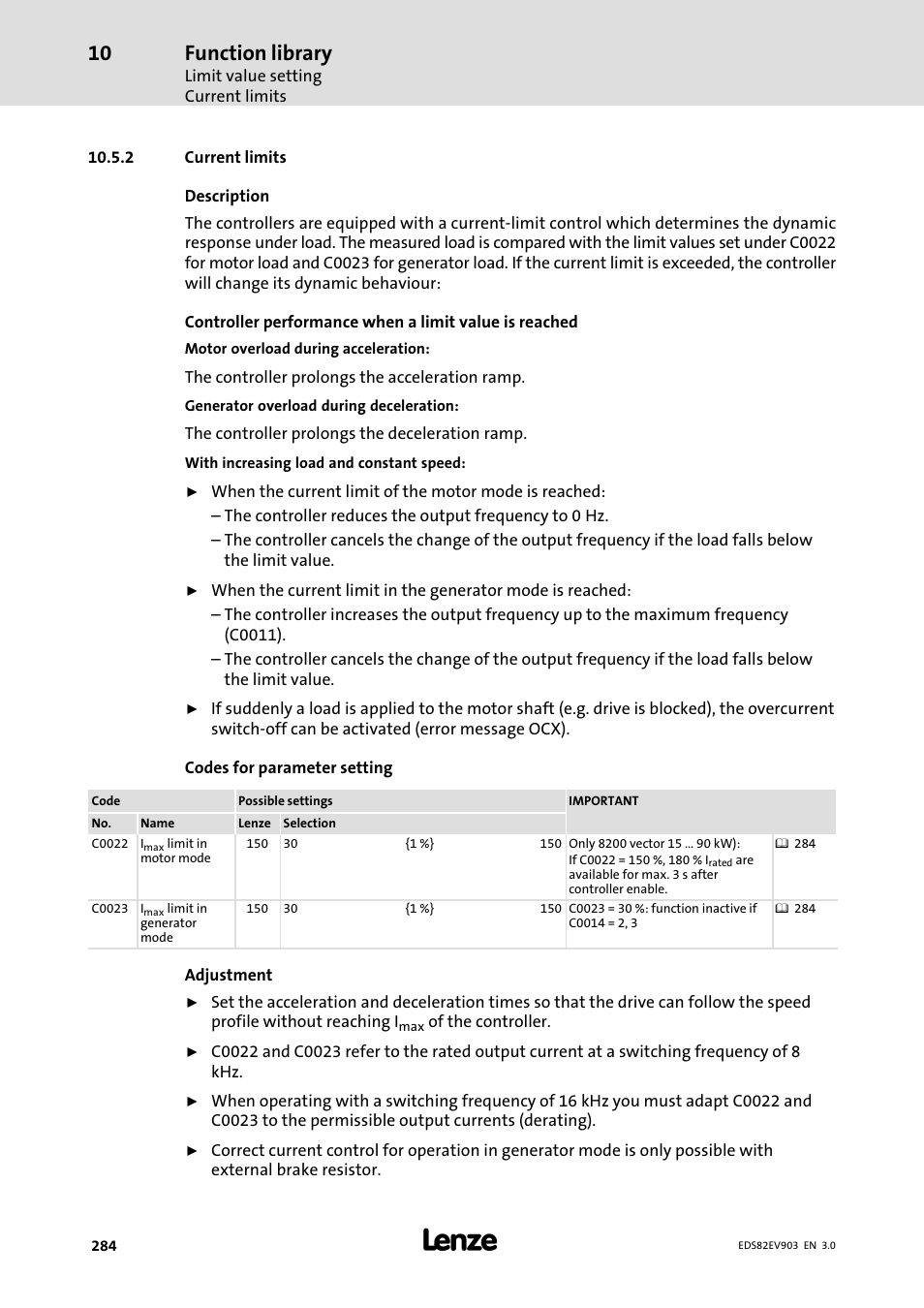 2 current limits, Current limits, Function library | Lenze E82xVxxxKxxxxx User Manual | Page 284 / 548