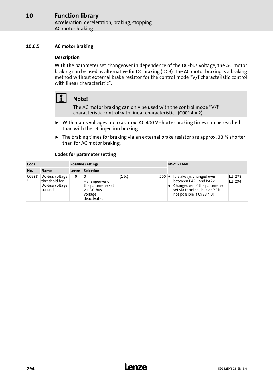 5 ac motor braking, Ac motor braking, Function library | Lenze E82xVxxxKxxxxx User Manual | Page 294 / 548