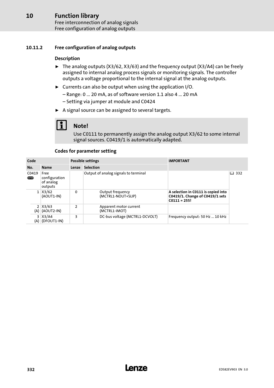 2 free configuration of analog outputs, Function library | Lenze E82xVxxxKxxxxx User Manual | Page 332 / 548