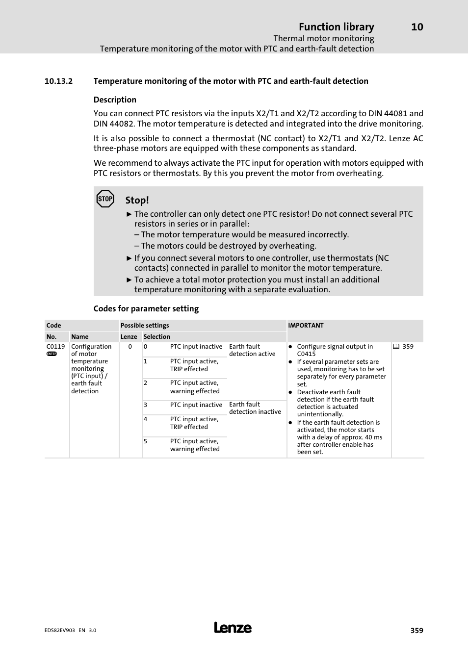 2 temperature monitoring of the motor with ptc and, Earth−fault detection, Function library | Stop | Lenze E82xVxxxKxxxxx User Manual | Page 359 / 548