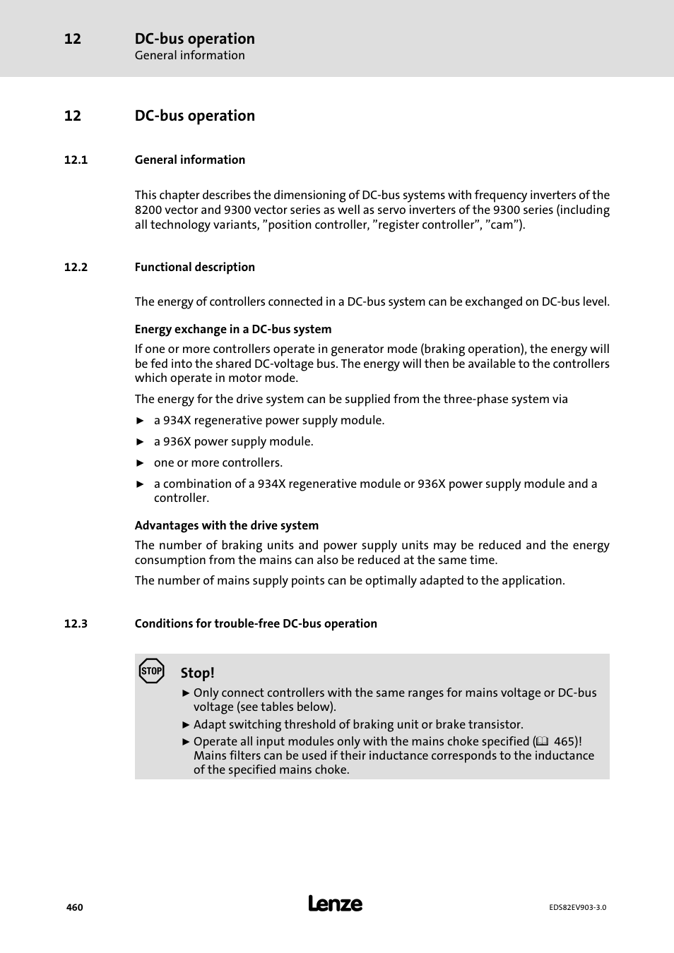 12 dc-bus operation, 1 general information, 2 functional description | 3 conditions for trouble-free dc-bus operation, Dc−bus operation, 3 conditions for trouble−free dc−bus operation, 12 dc−bus operation | Lenze E82xVxxxKxxxxx User Manual | Page 460 / 548