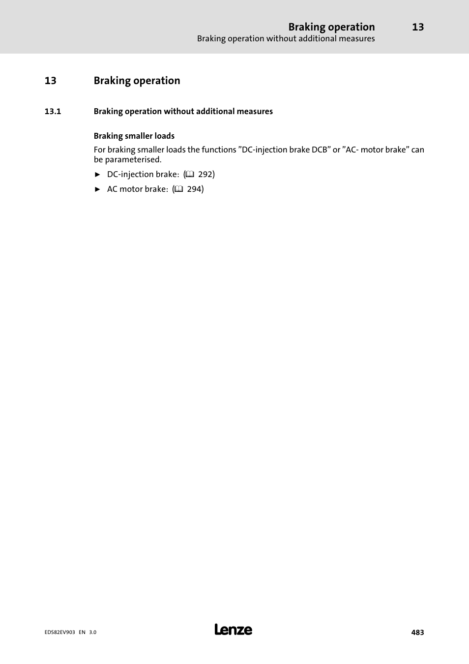 13 braking operation, 1 braking operation without additional measures, Braking operation | Lenze E82xVxxxKxxxxx User Manual | Page 483 / 548