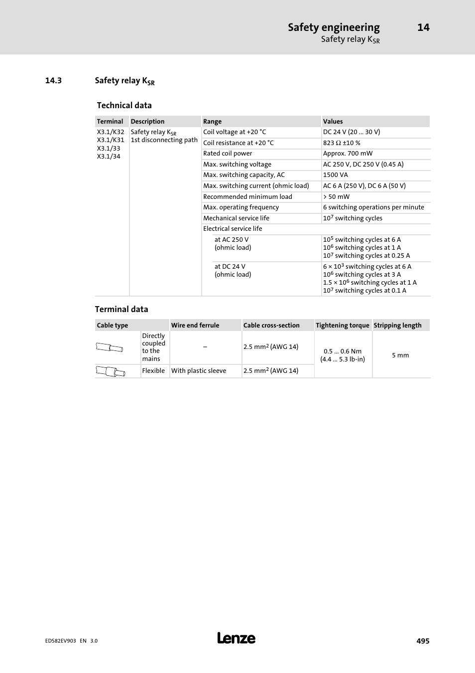 3 safety relay ksr, Safety engineering | Lenze E82xVxxxKxxxxx User Manual | Page 495 / 548