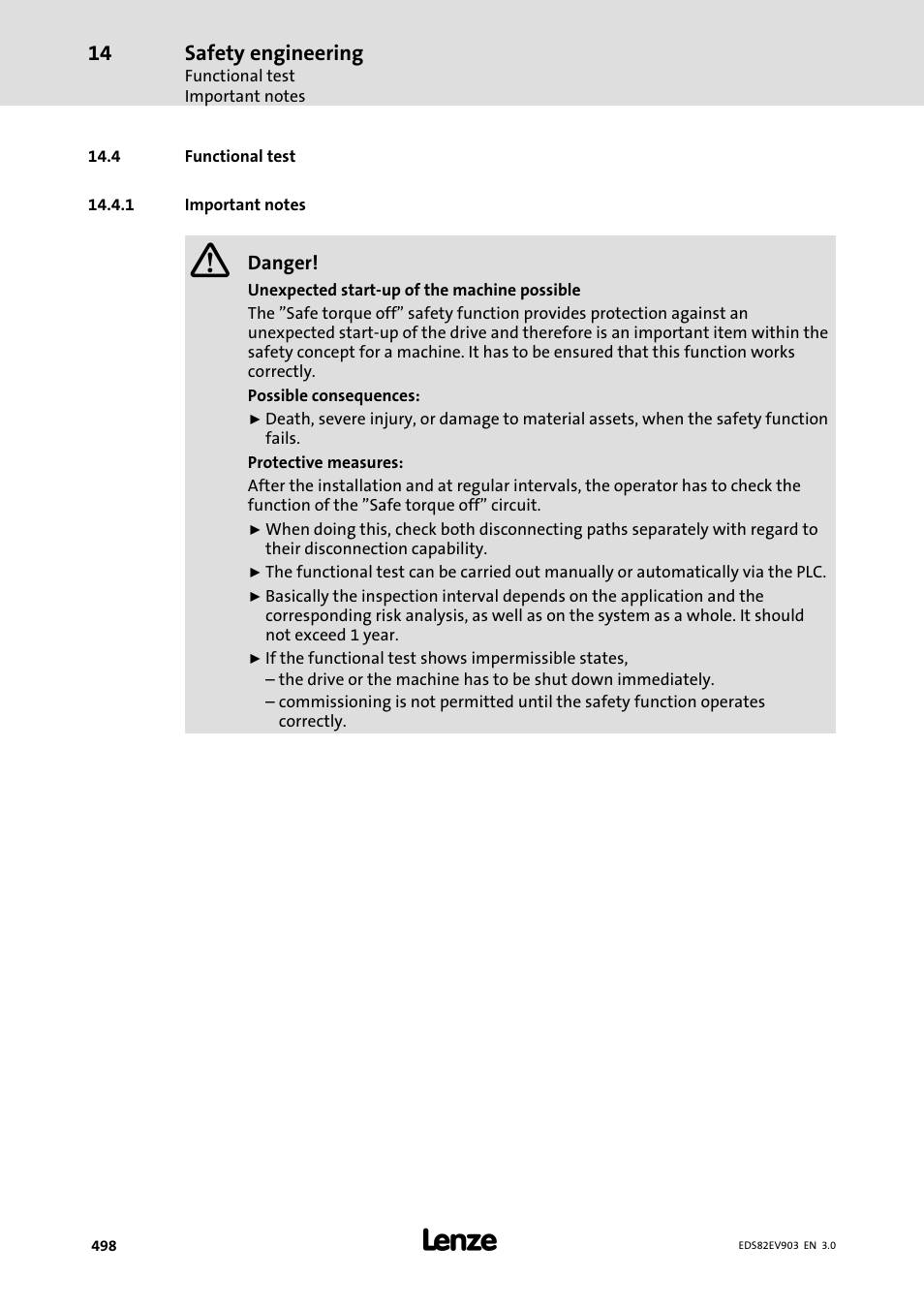 4 functional test, 1 important notes, Important notes | Lenze E82xVxxxKxxxxx User Manual | Page 498 / 548