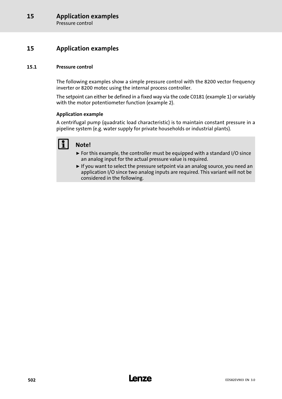 15 application examples, 1 pressure control, Application examples | Lenze E82xVxxxKxxxxx User Manual | Page 502 / 548