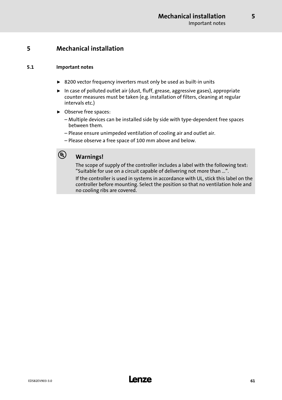 5 mechanical installation, 1 important notes, Mechanical installation | Important notes | Lenze E82xVxxxKxxxxx User Manual | Page 61 / 548