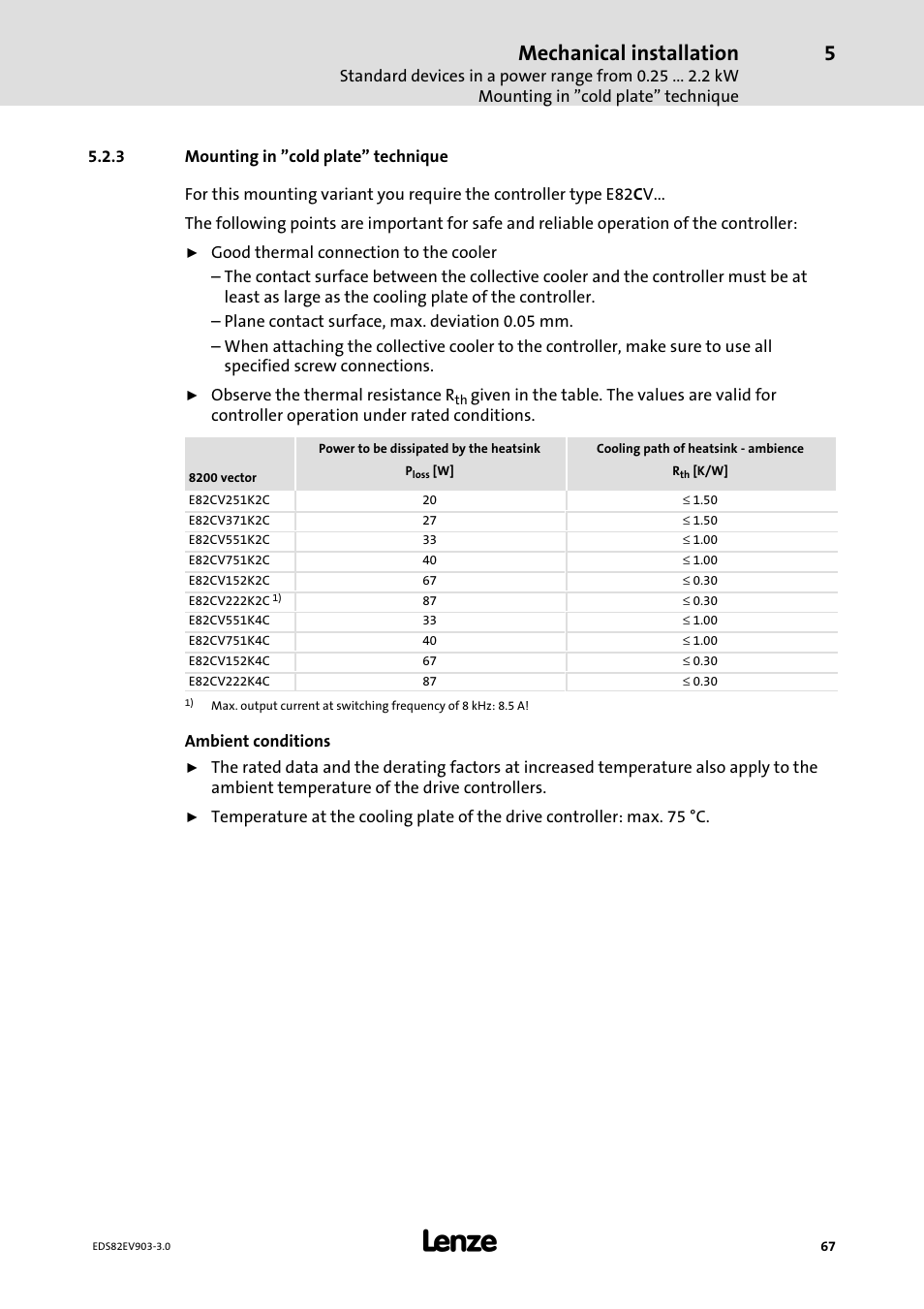 3 mounting in "cold plate" technique, Mounting in "cold plate" technique, Mechanical installation | Lenze E82xVxxxKxxxxx User Manual | Page 67 / 548