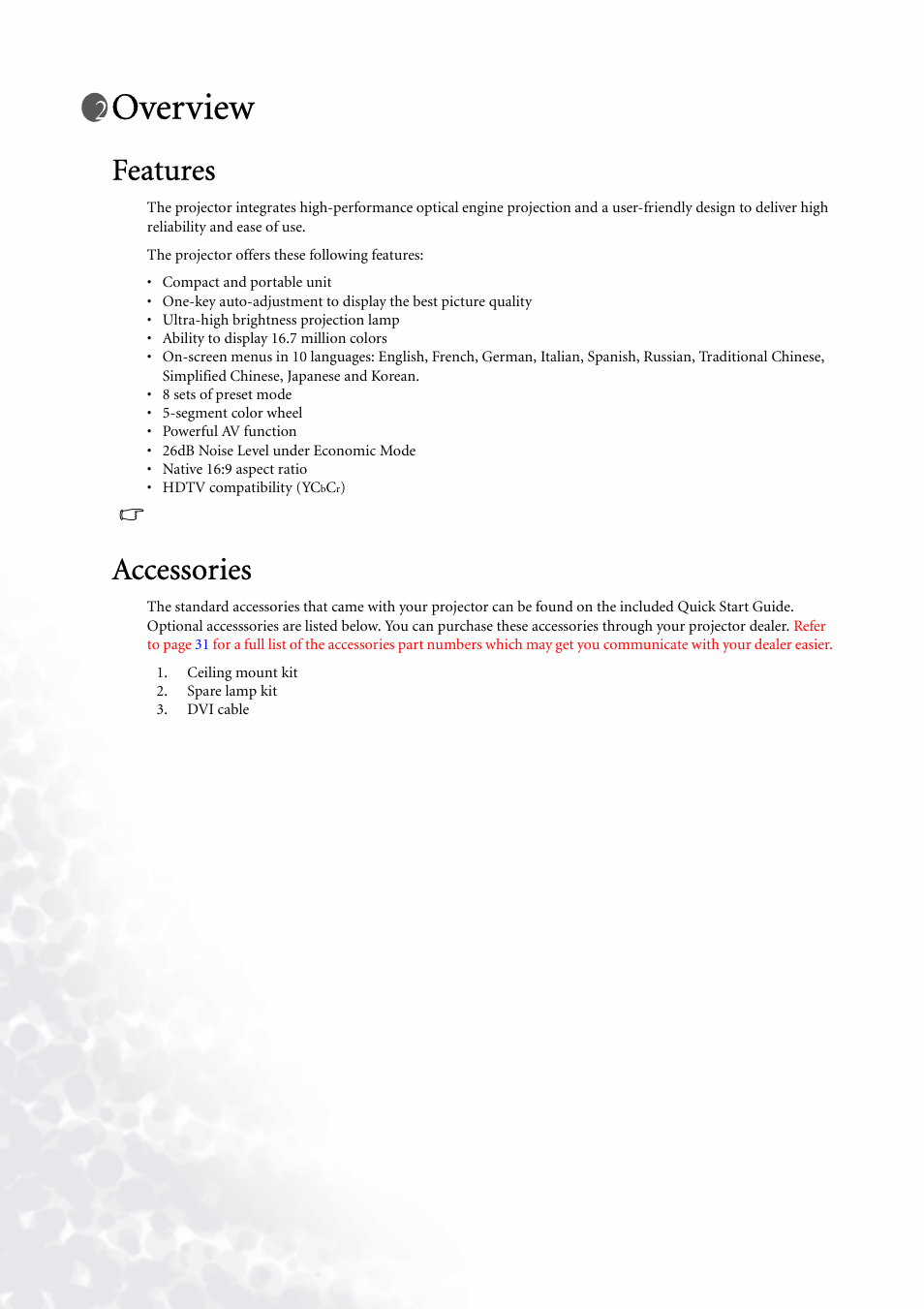 Overview, Features, Accessories | Features accessories | BenQ PE5120 User Manual | Page 10 / 35