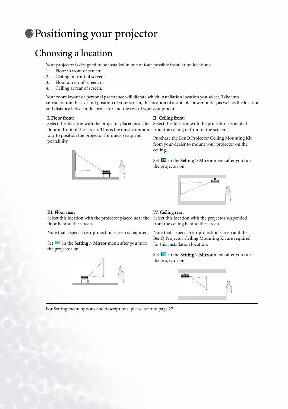 Positioning your projector, Choosing a location | BenQ PE5120 User Manual | Page 14 / 35