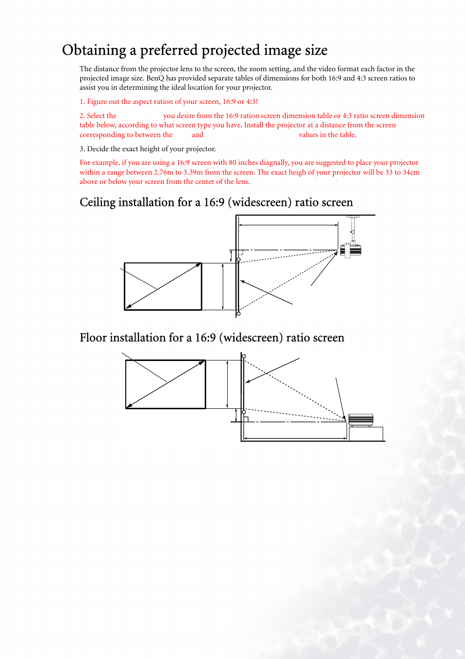 Obtaining a preferred projected image size | BenQ PE5120 User Manual | Page 15 / 35