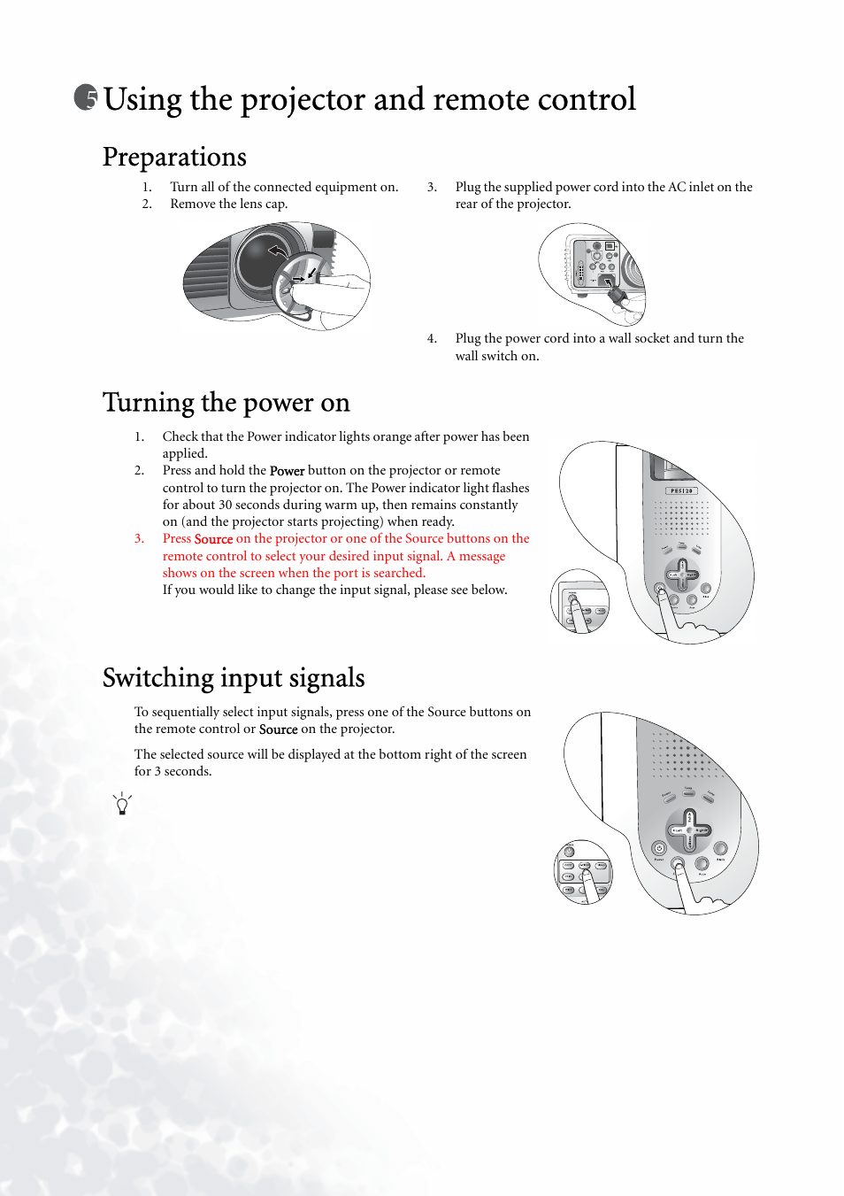 Using the projector and remote control, Preparations, Turning the power on | Switching input signals, For m, Preparations turning the power on | BenQ PE5120 User Manual | Page 20 / 35