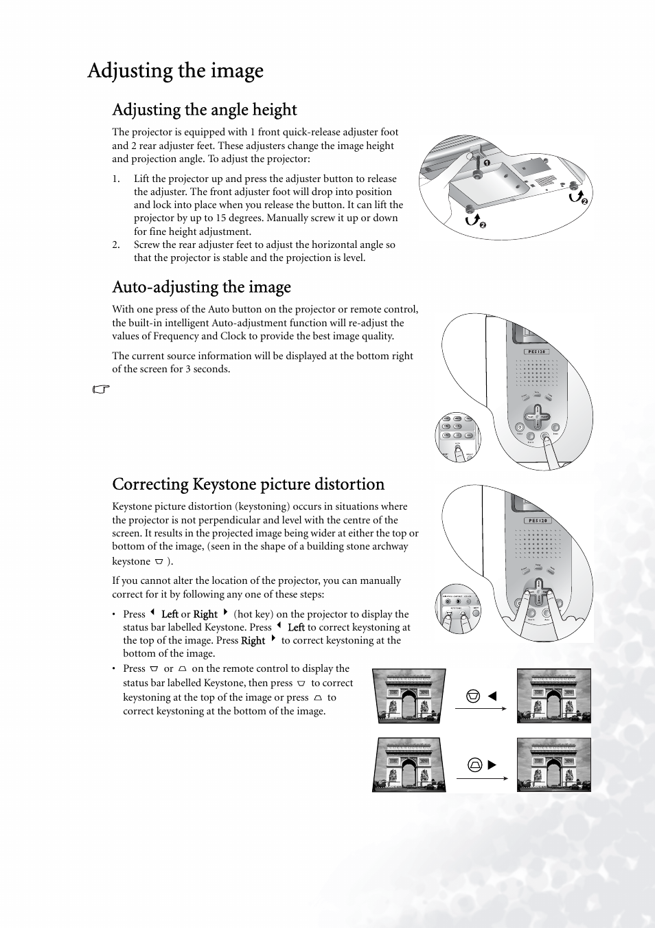 Adjusting the image, Adjusting the angle height, Auto-adjusting the image | Correcting keystone picture distortion | BenQ PE5120 User Manual | Page 21 / 35