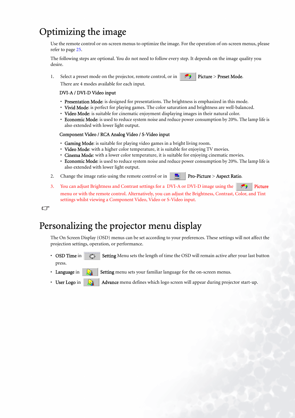 Optimizing the image, Personalizing the projector menu display | BenQ PE5120 User Manual | Page 23 / 35