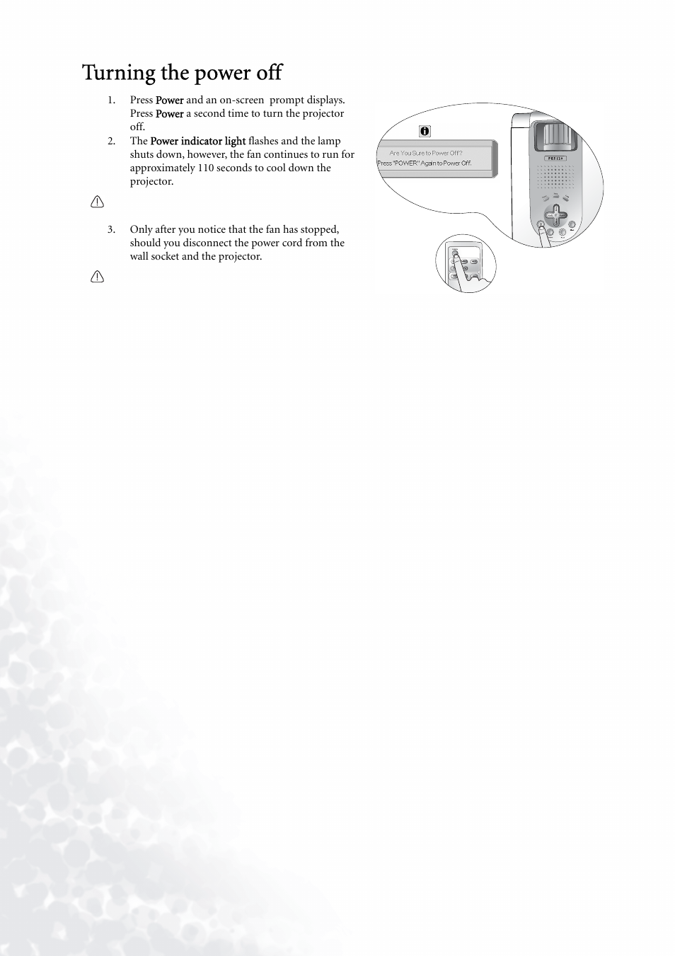 Turning the power off, For m | BenQ PE5120 User Manual | Page 24 / 35