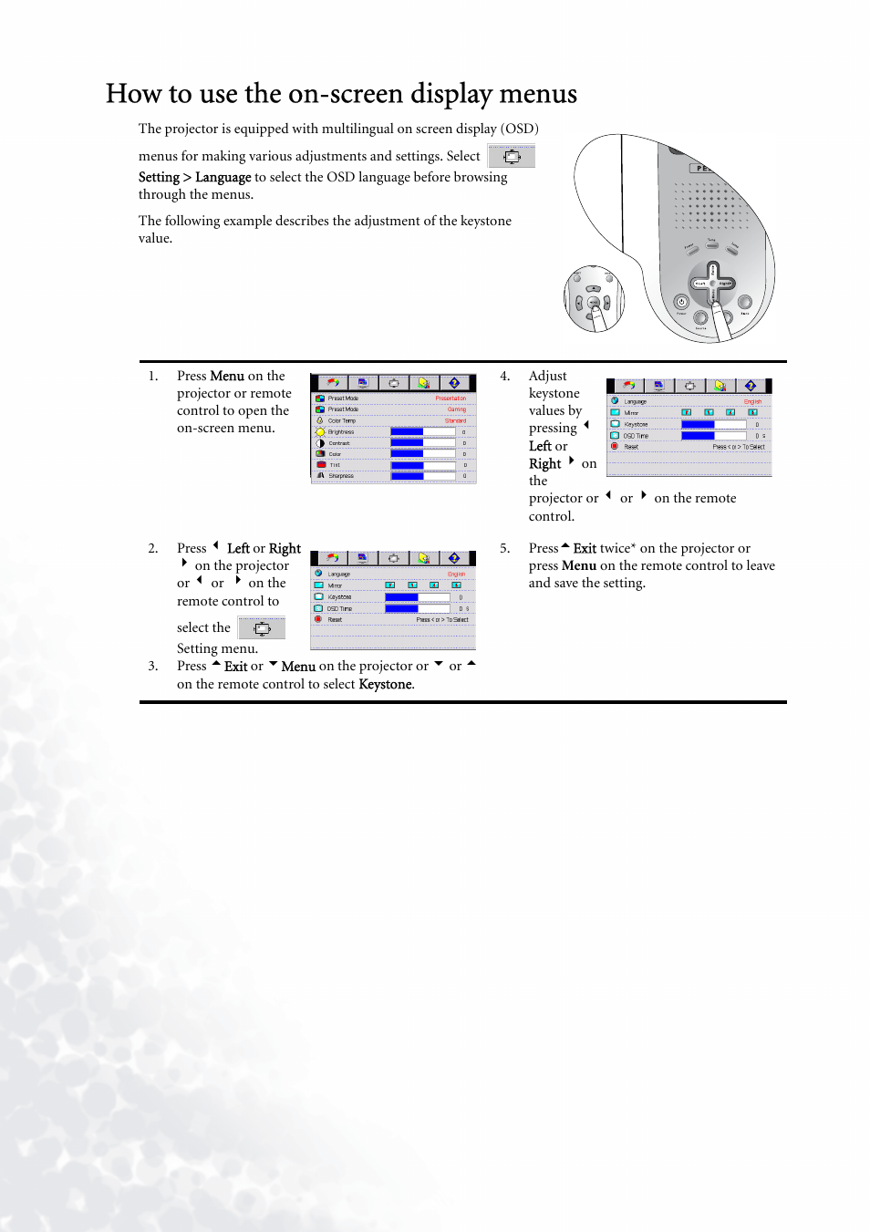 How to use the on-screen display menus | BenQ PE5120 User Manual | Page 26 / 35