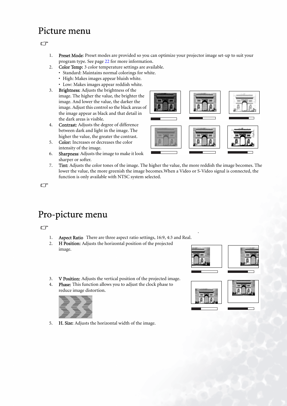 Picture menu, Pro-picture menu, Picture menu pro-picture menu | BenQ PE5120 User Manual | Page 27 / 35