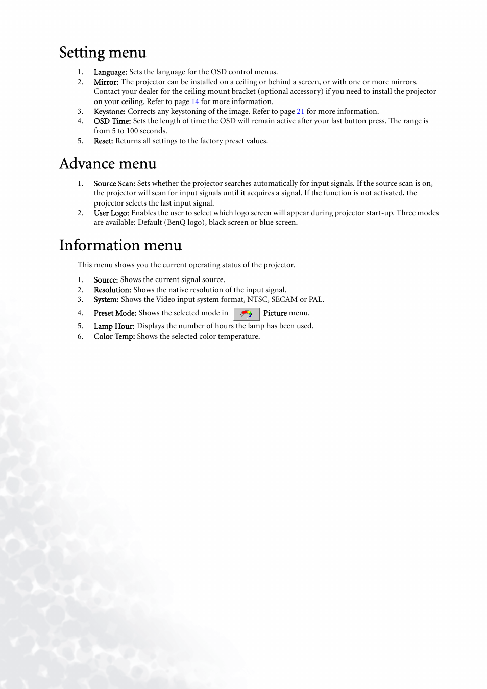 Setting menu, Advance menu, Information menu | Setting menu advance menu information menu | BenQ PE5120 User Manual | Page 28 / 35