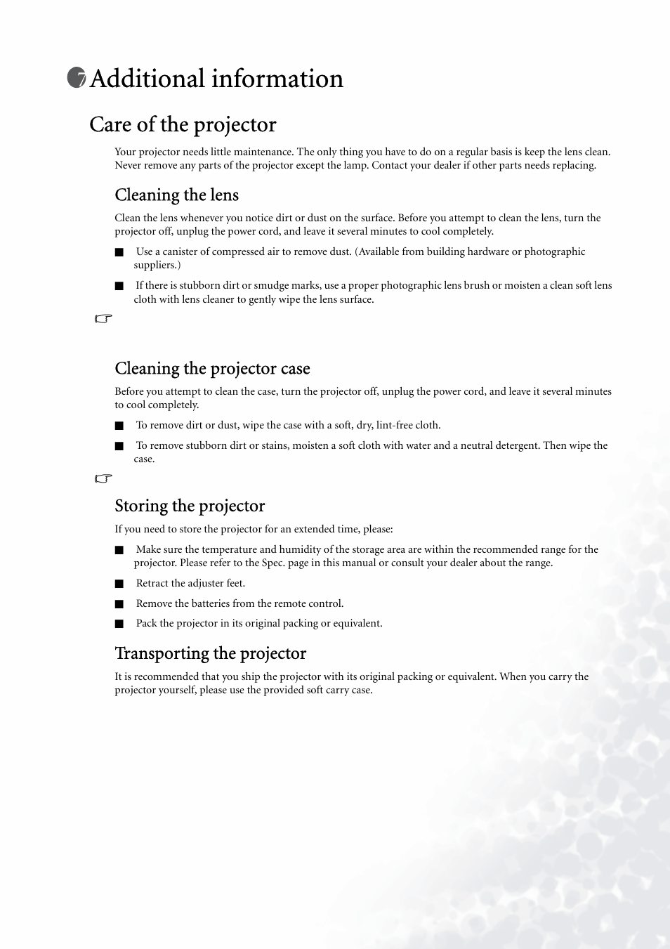 Additional information, Care of the projector, Cleaning the lens | Cleaning the projector case, Storing the projector, Transporting the projector | BenQ PE5120 User Manual | Page 29 / 35