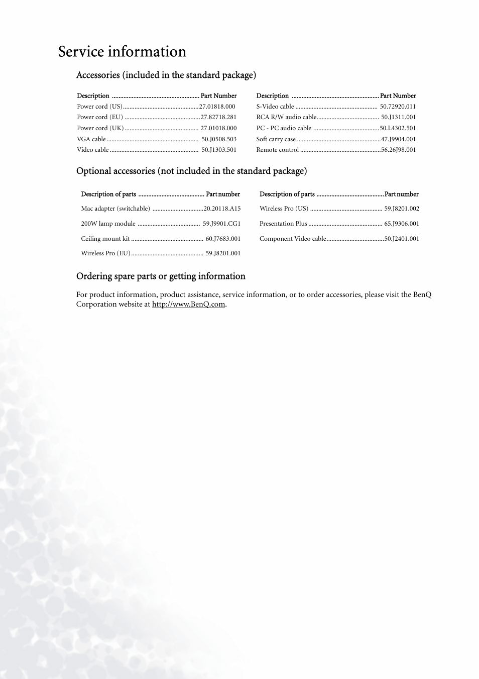 Service information | BenQ PE5120 User Manual | Page 32 / 35