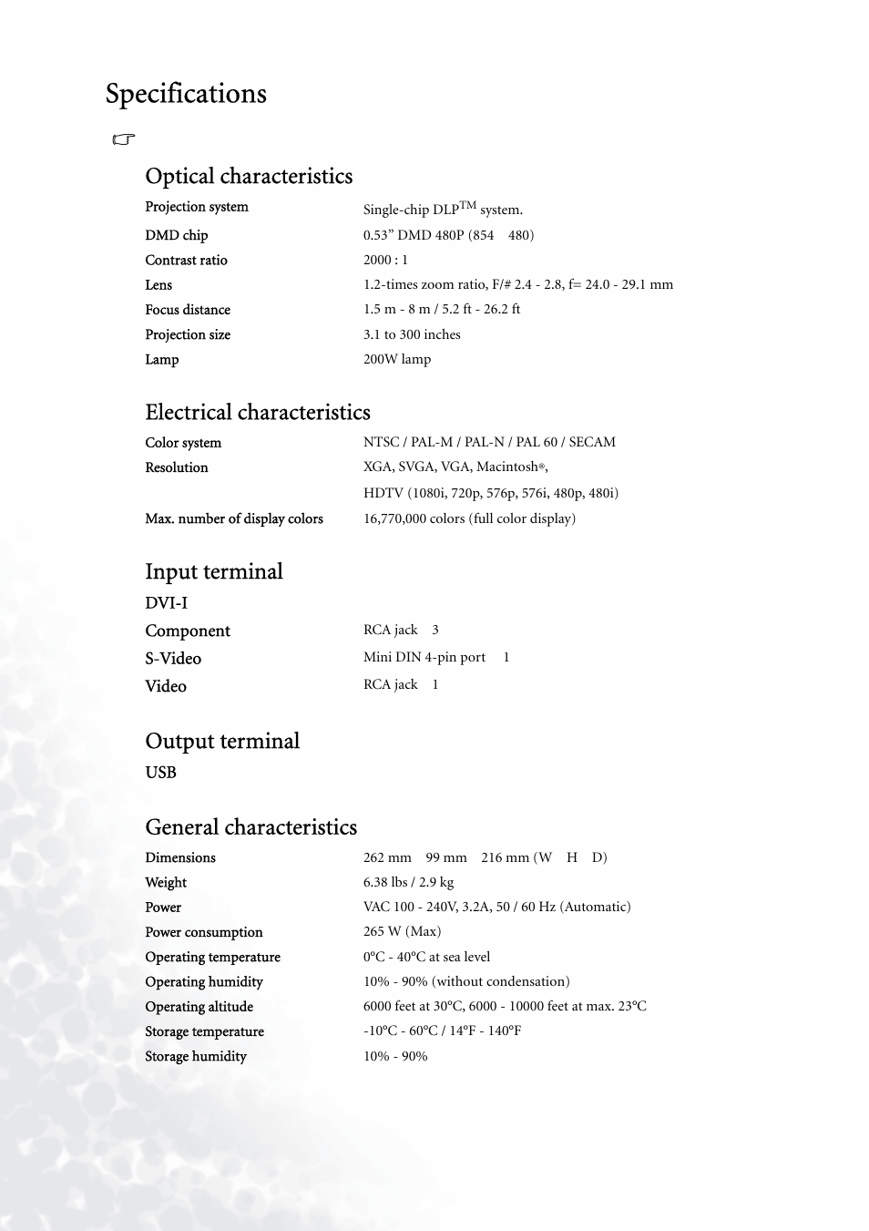 Specifications, Optical characteristics, Electrical characteristics | Input terminal, Output terminal, General characteristics | BenQ PE5120 User Manual | Page 34 / 35