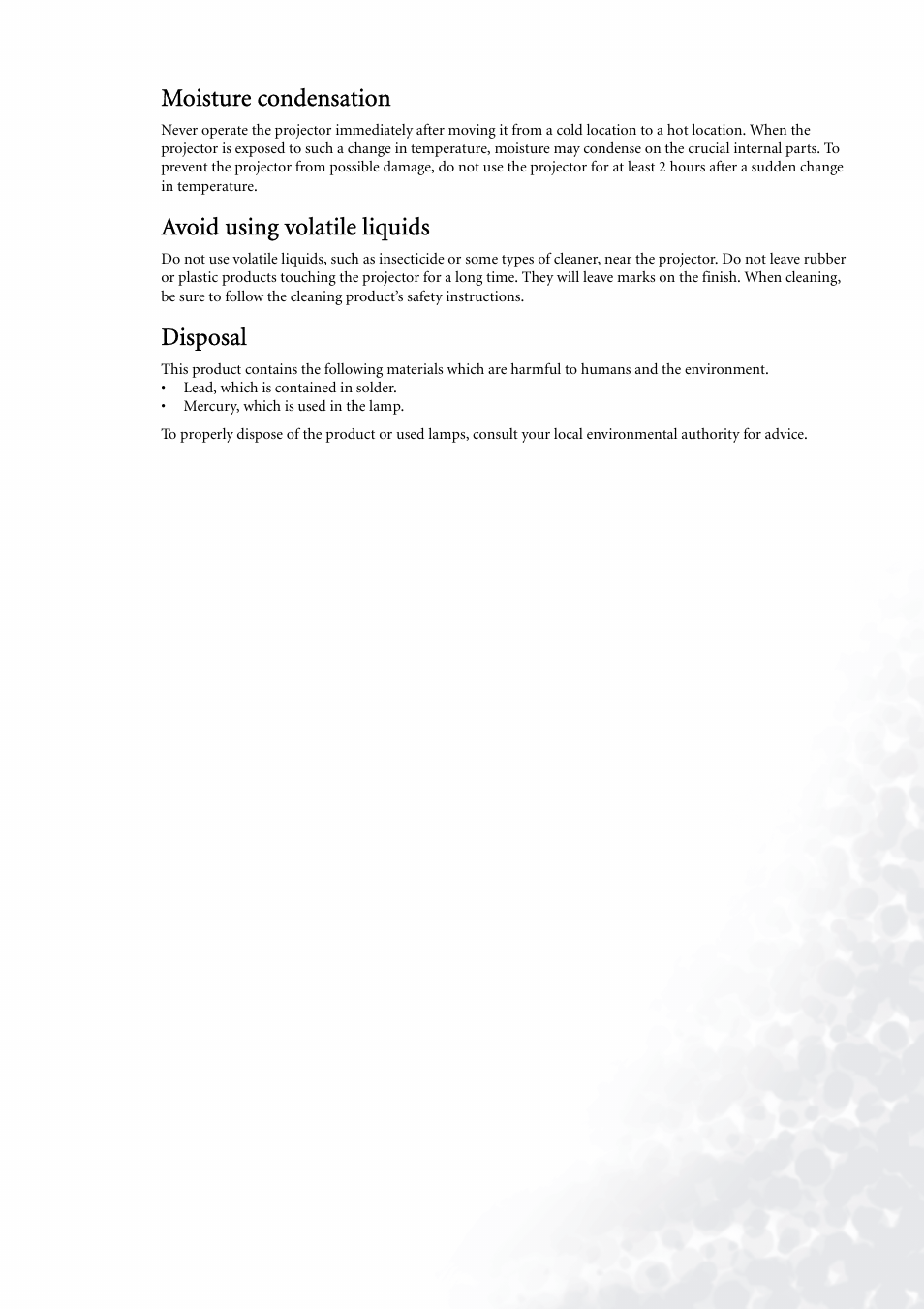 Moisture condensation, Avoid using volatile liquids, Disposal | BenQ PE5120 User Manual | Page 9 / 35