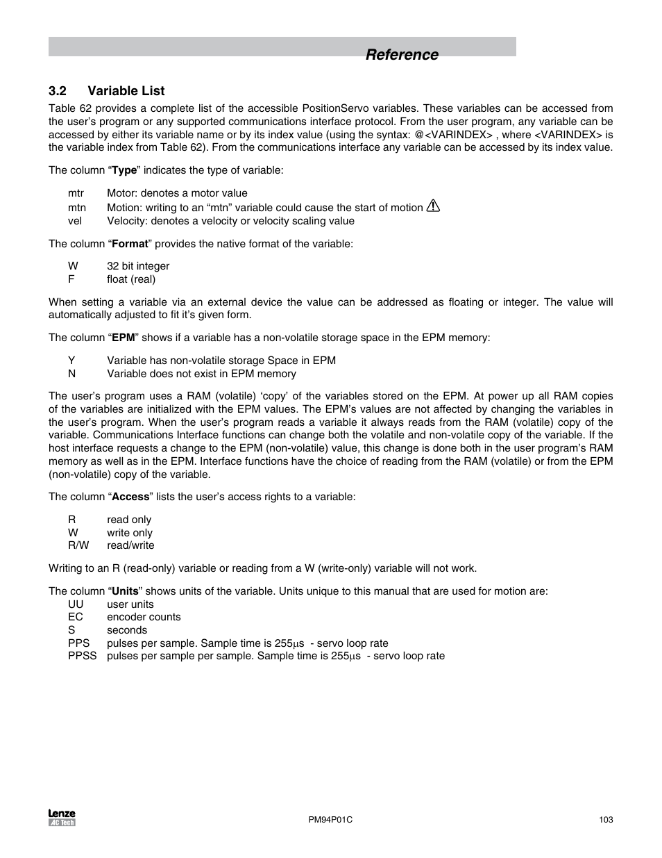 2 variable list, Reference | Lenze PM94P01C User Manual | Page 105 / 134