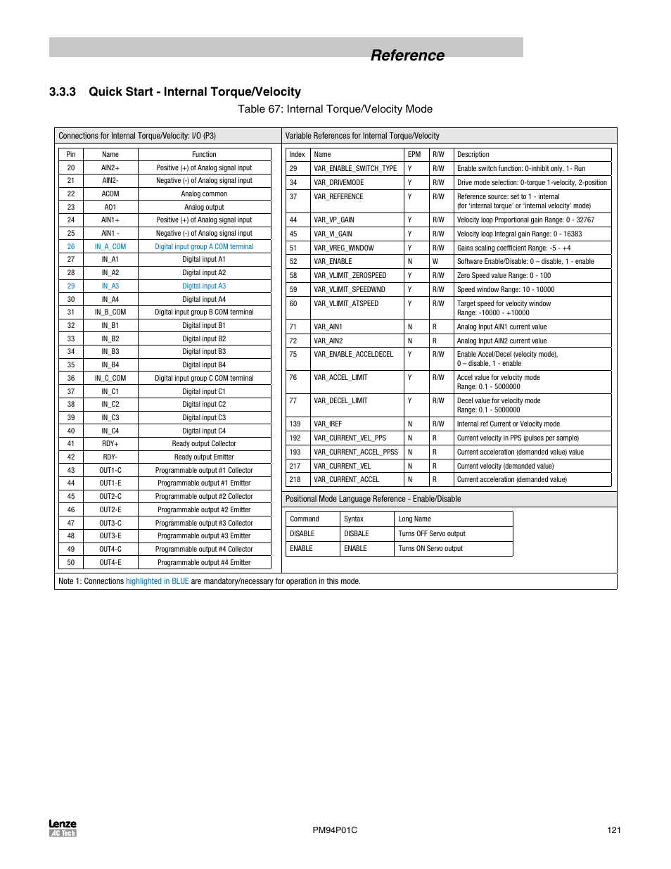 3 quick start - internal torque/velocity, Reference, Table 67: internal torque/velocity mode | Lenze PM94P01C User Manual | Page 123 / 134