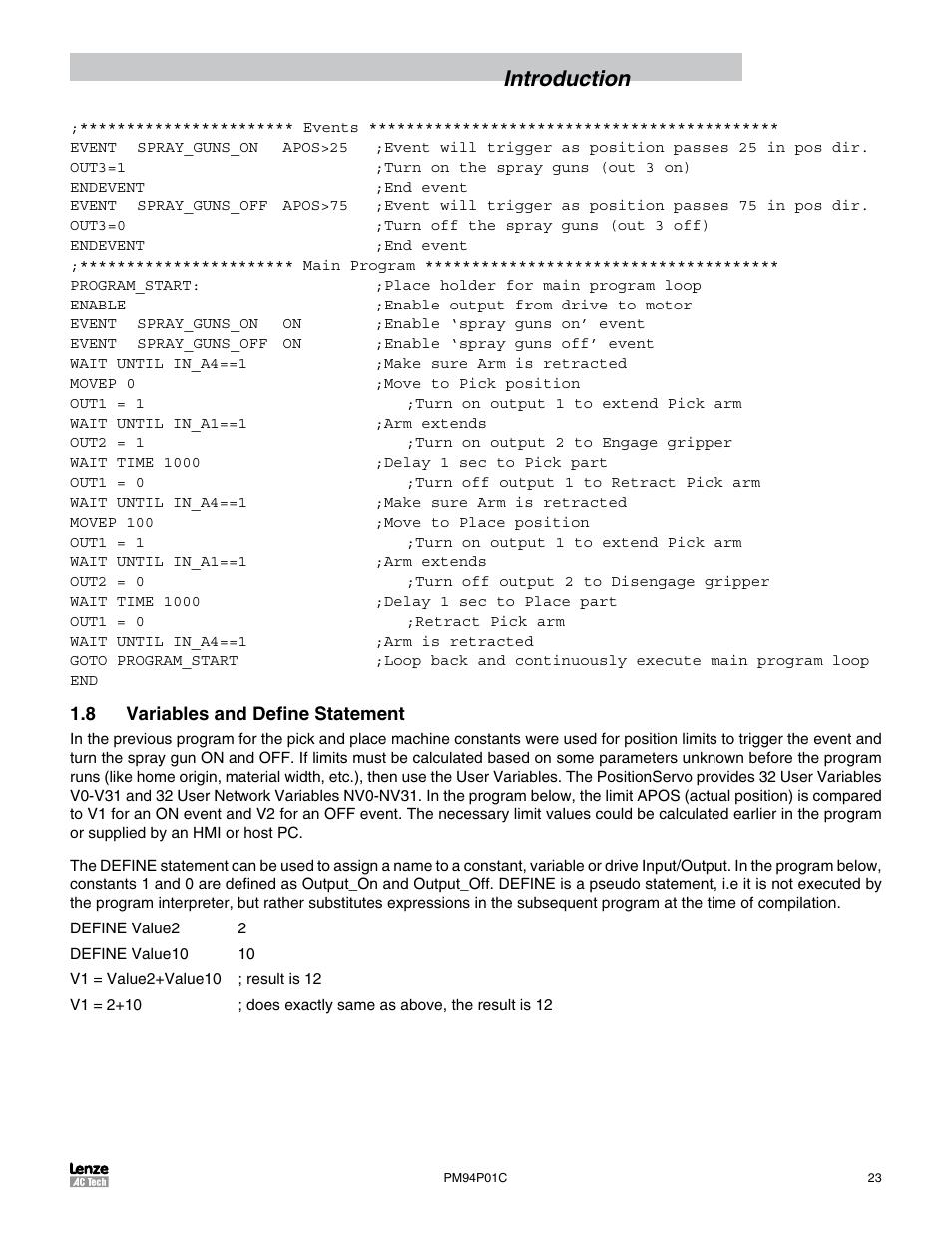 8 variables and define statement, Introduction | Lenze PM94P01C User Manual | Page 25 / 134