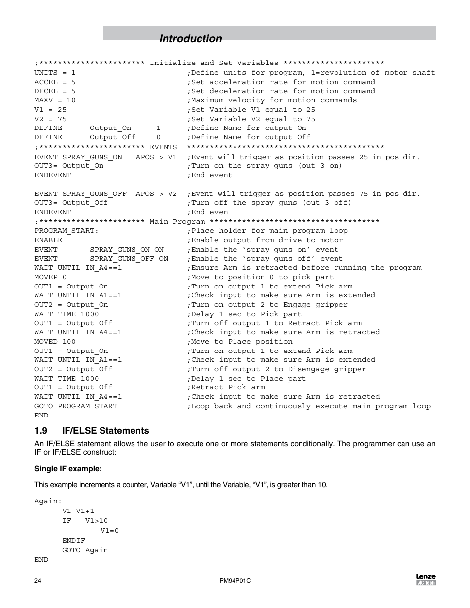 9 if/else statements, Introduction | Lenze PM94P01C User Manual | Page 26 / 134