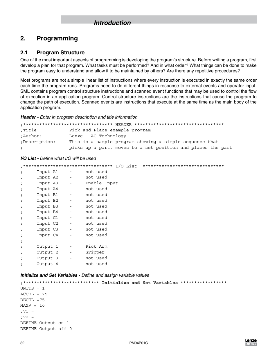 Programming, 1 program structure, Introduction 2. programming | Lenze PM94P01C User Manual | Page 34 / 134