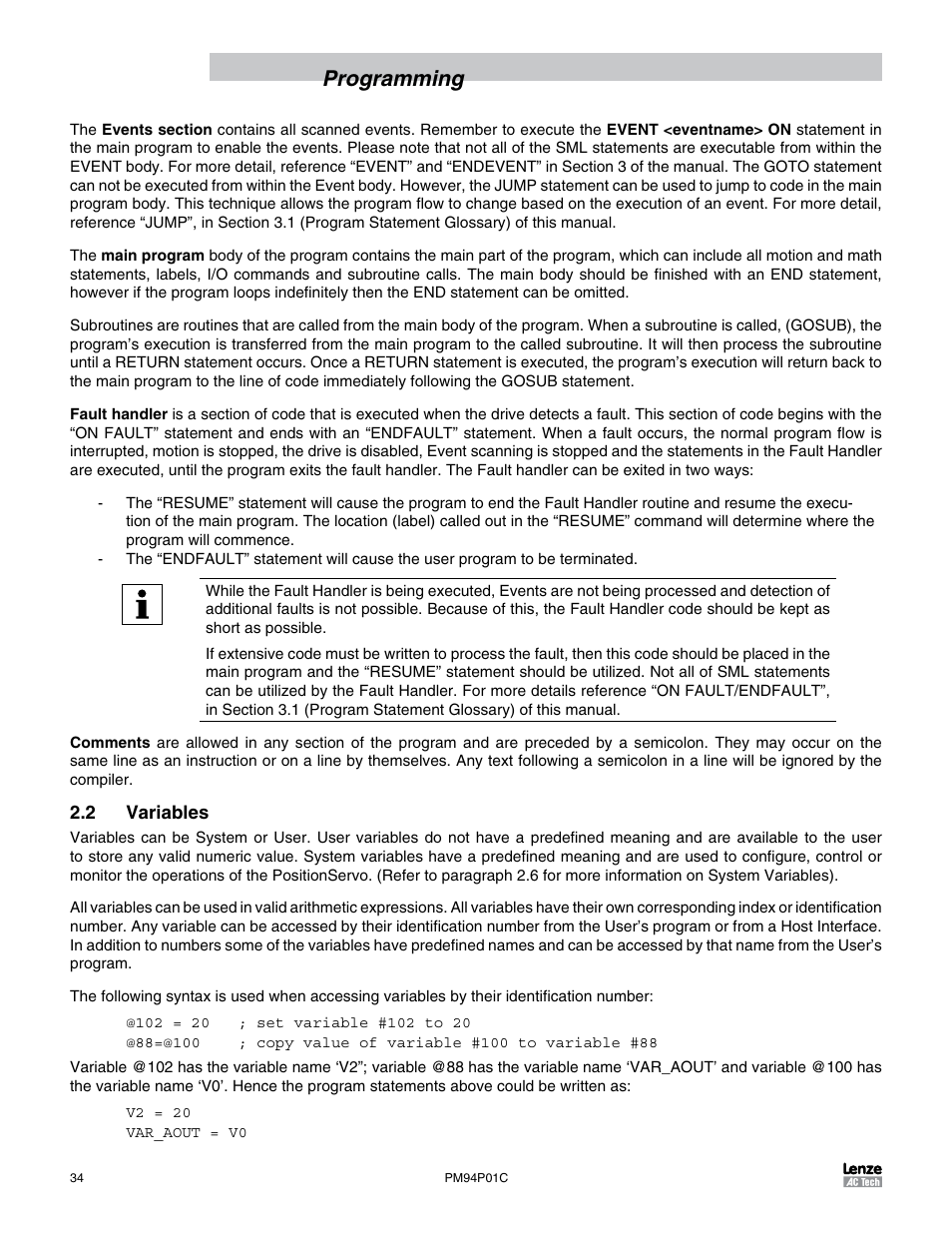 2 variables, Programming | Lenze PM94P01C User Manual | Page 36 / 134