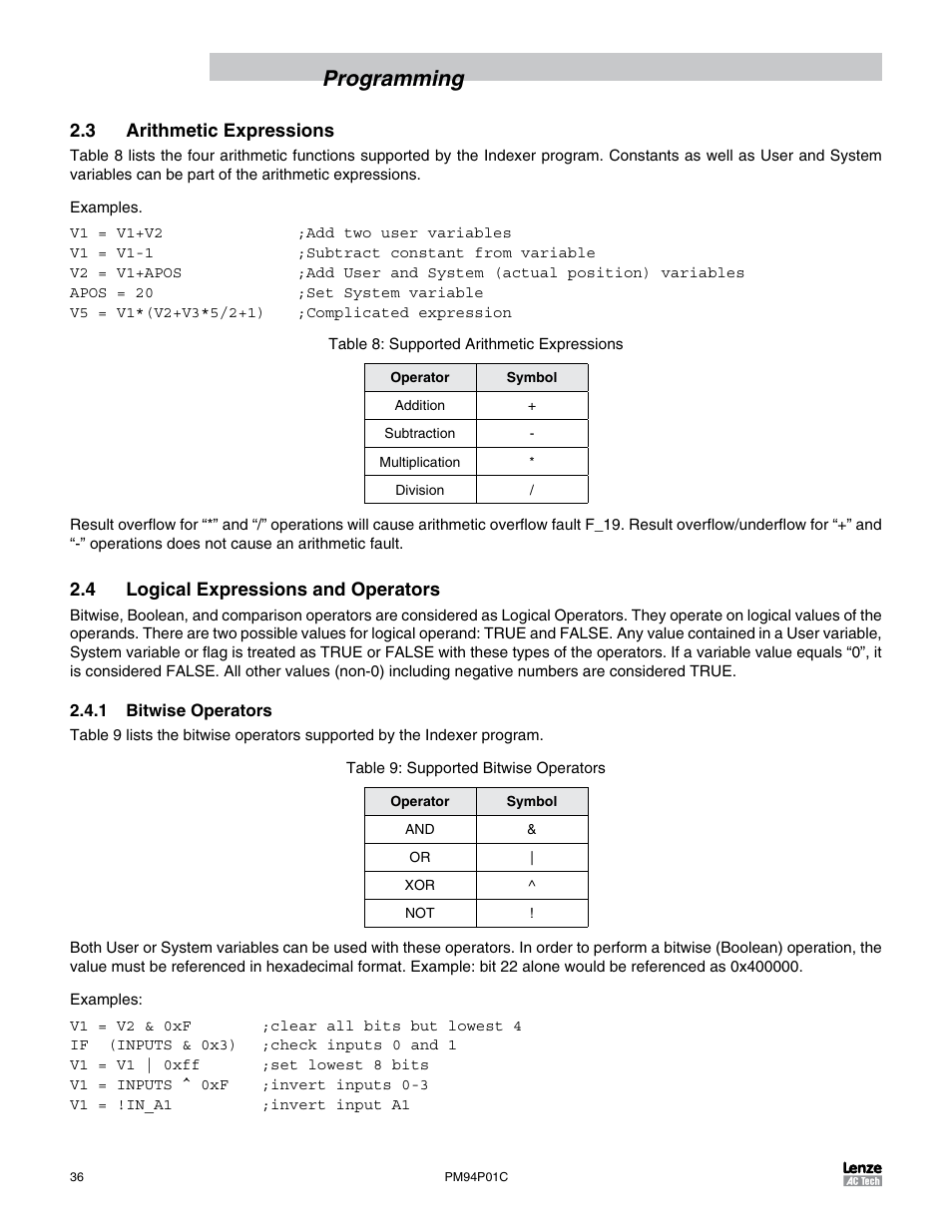 3 arithmetic expressions, 4 logical expressions and operators, 1 bitwise operators | Programming | Lenze PM94P01C User Manual | Page 38 / 134
