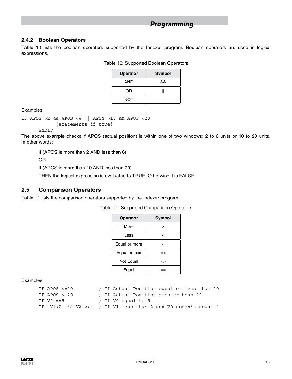 2 boolean operators, 5 comparison operators, Programming | Lenze PM94P01C User Manual | Page 39 / 134