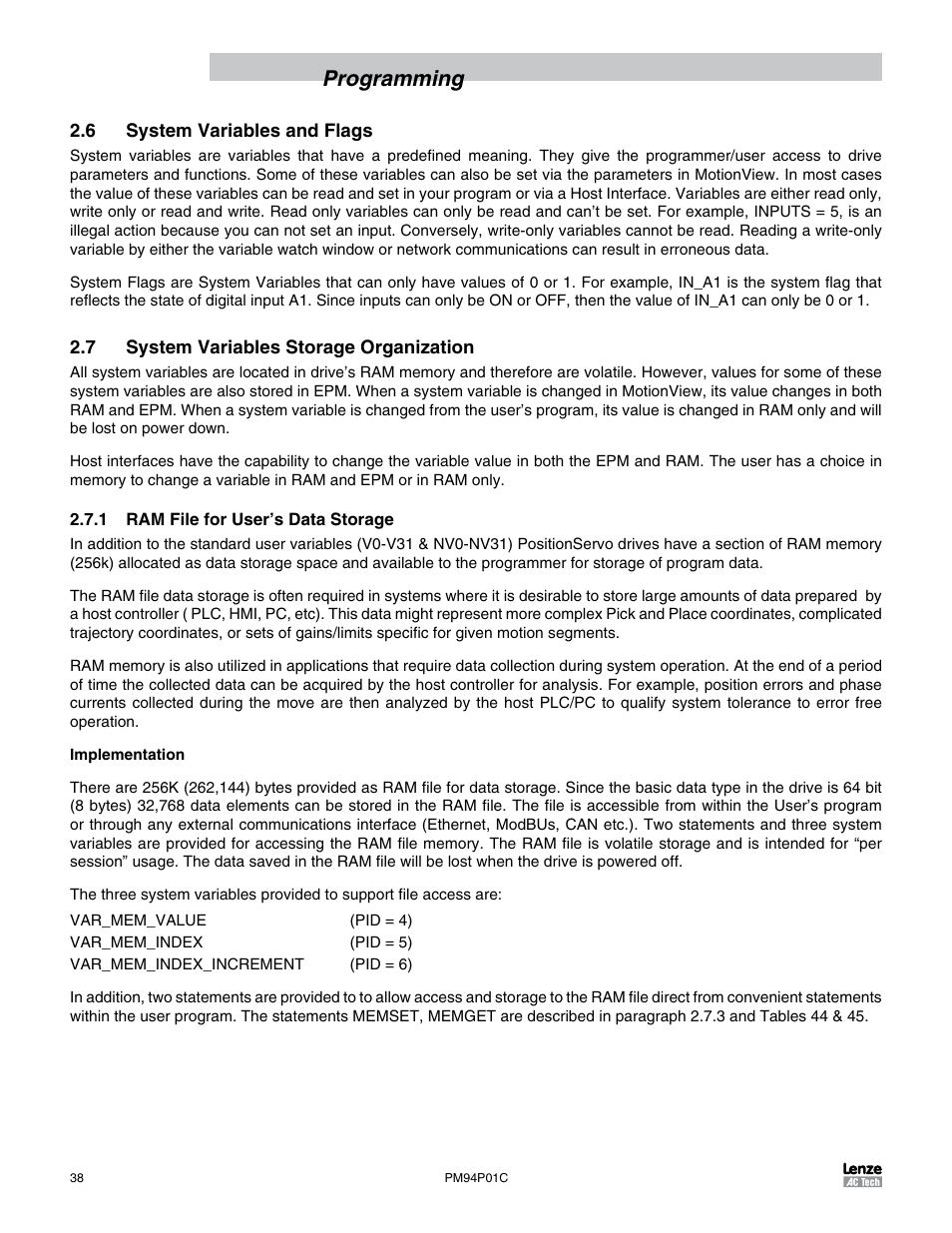6 system variables and flags, 7 system variables storage organization, 1 ram file for user’s data storage | Programming | Lenze PM94P01C User Manual | Page 40 / 134