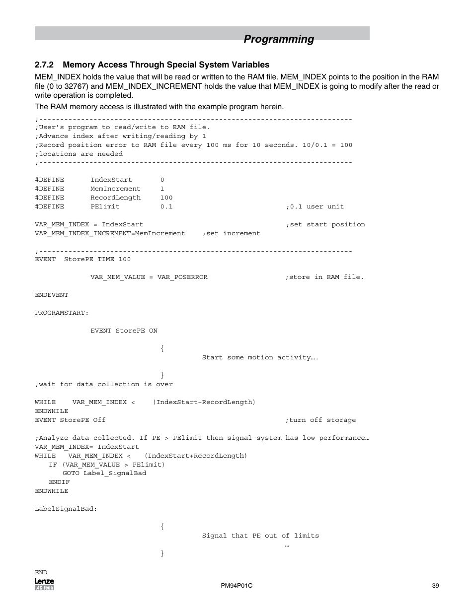 2 memory access through special system variables, Programming | Lenze PM94P01C User Manual | Page 41 / 134