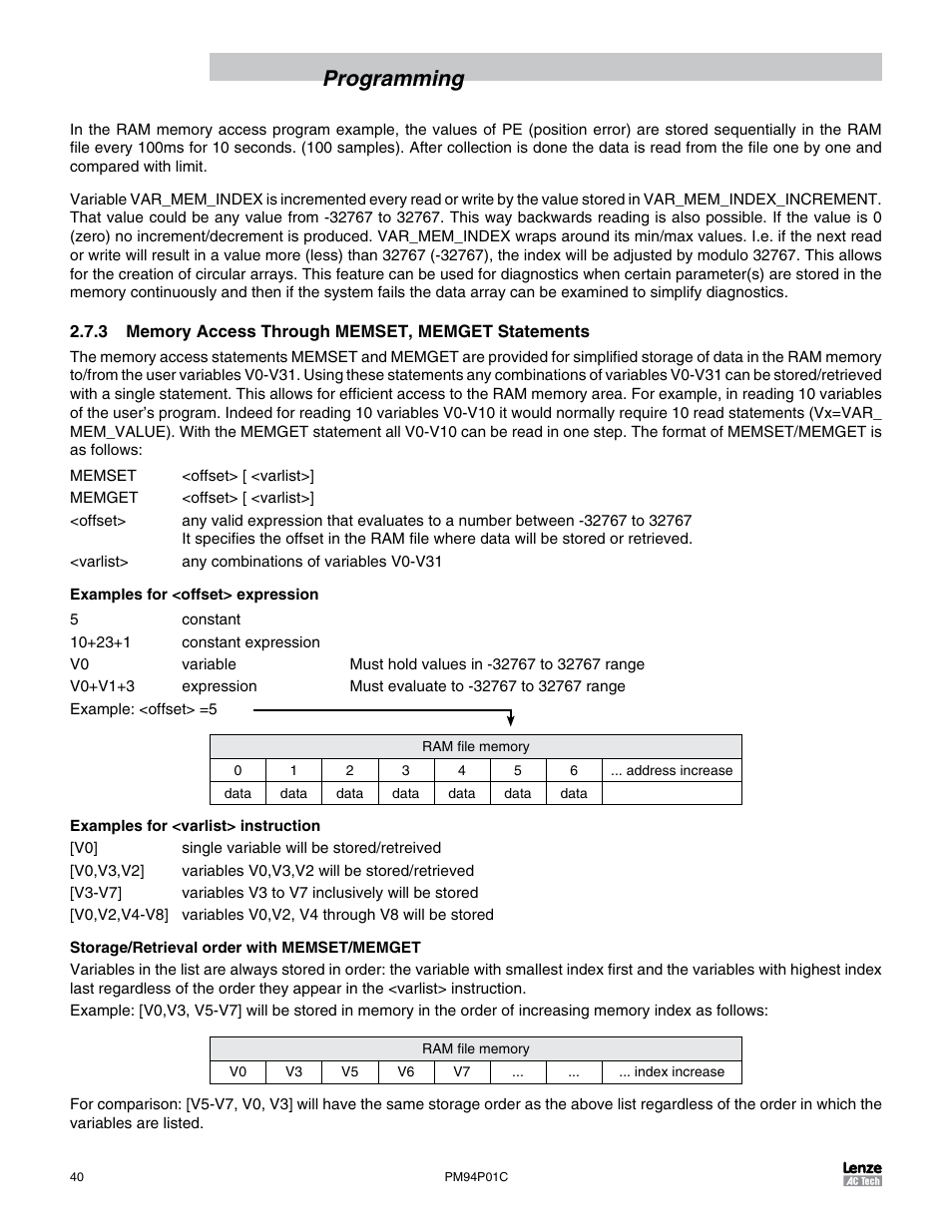 3 memory access through memset, memget statements, Programming | Lenze PM94P01C User Manual | Page 42 / 134