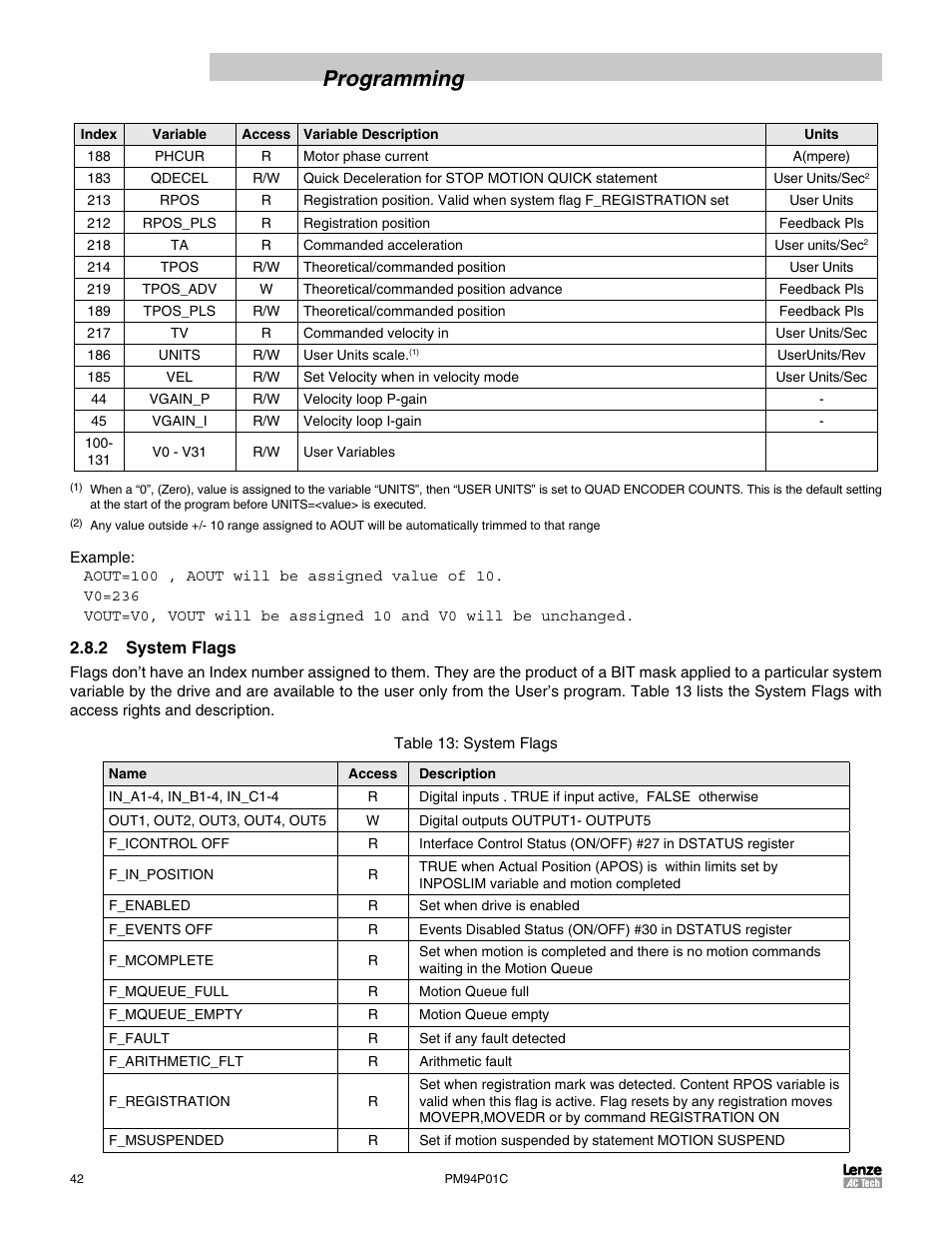2 system flags, Programming | Lenze PM94P01C User Manual | Page 44 / 134
