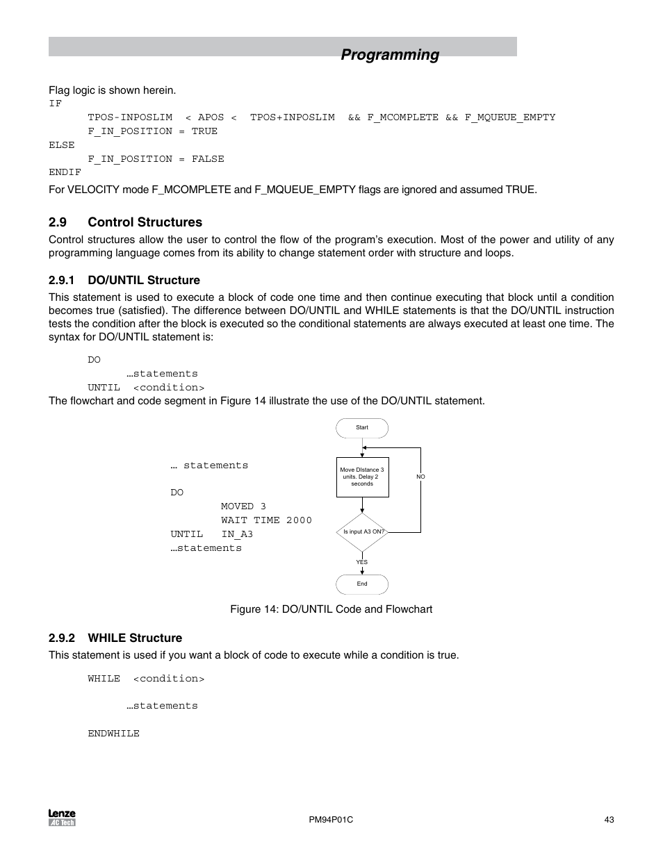 9 control structures, 1 do/until structure, 2 while structure | Programming | Lenze PM94P01C User Manual | Page 45 / 134