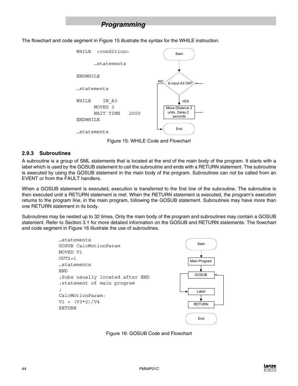 3 subroutines, Programming | Lenze PM94P01C User Manual | Page 46 / 134