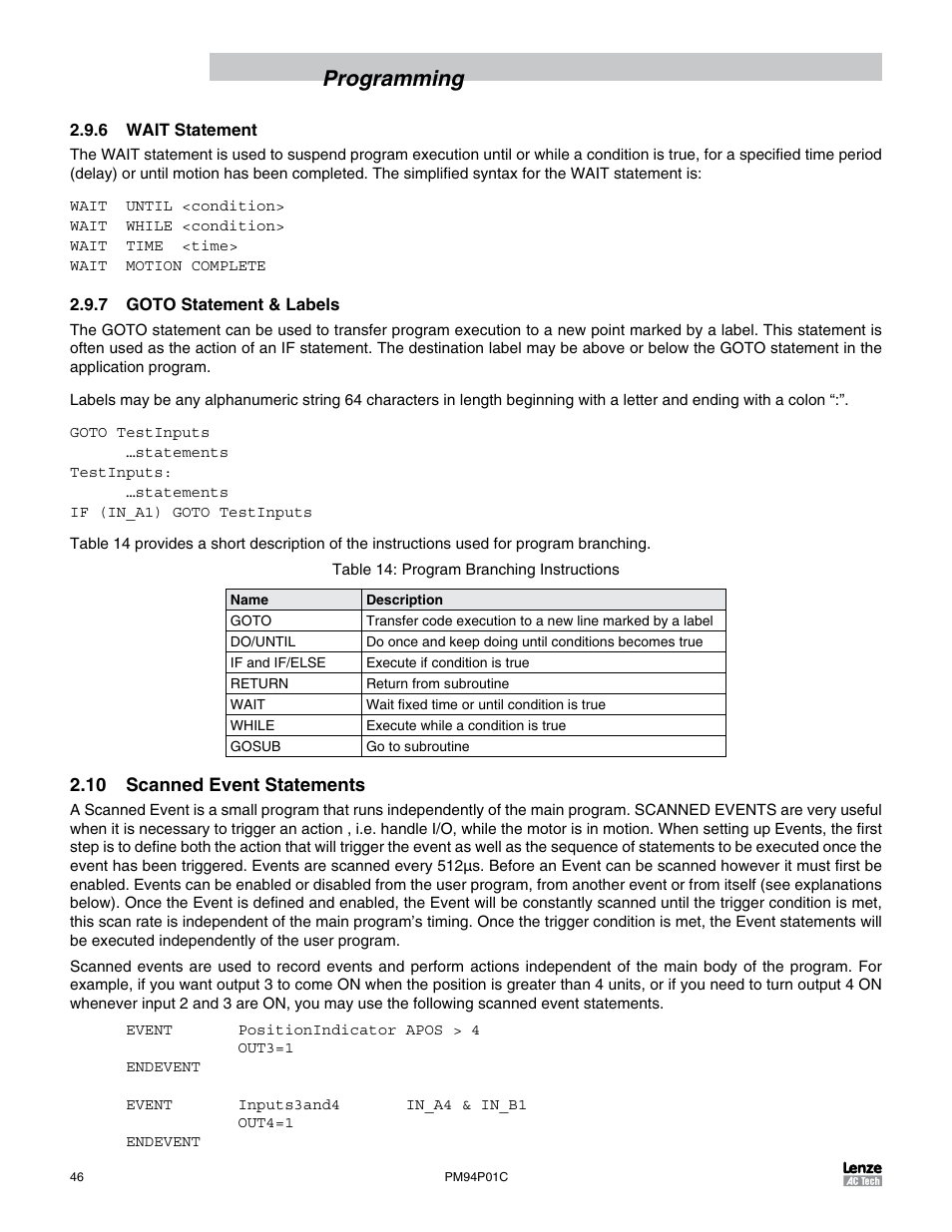 6 wait statement, 7 goto statement & labels, 10 scanned event statements | Programming | Lenze PM94P01C User Manual | Page 48 / 134