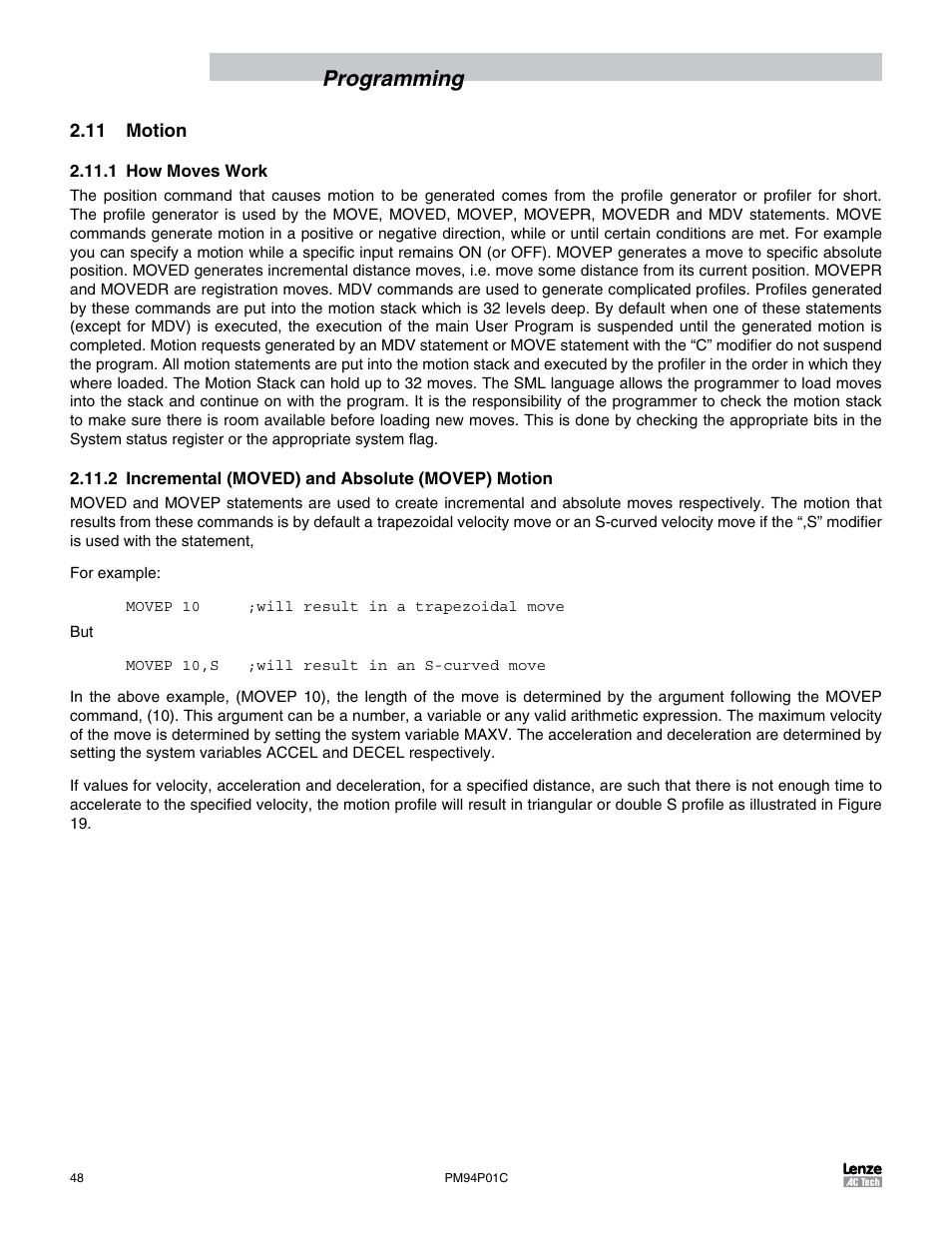 11 motion, 1 how moves work, 2 incremental (moved) and absolute (movep) motion | Programming | Lenze PM94P01C User Manual | Page 50 / 134
