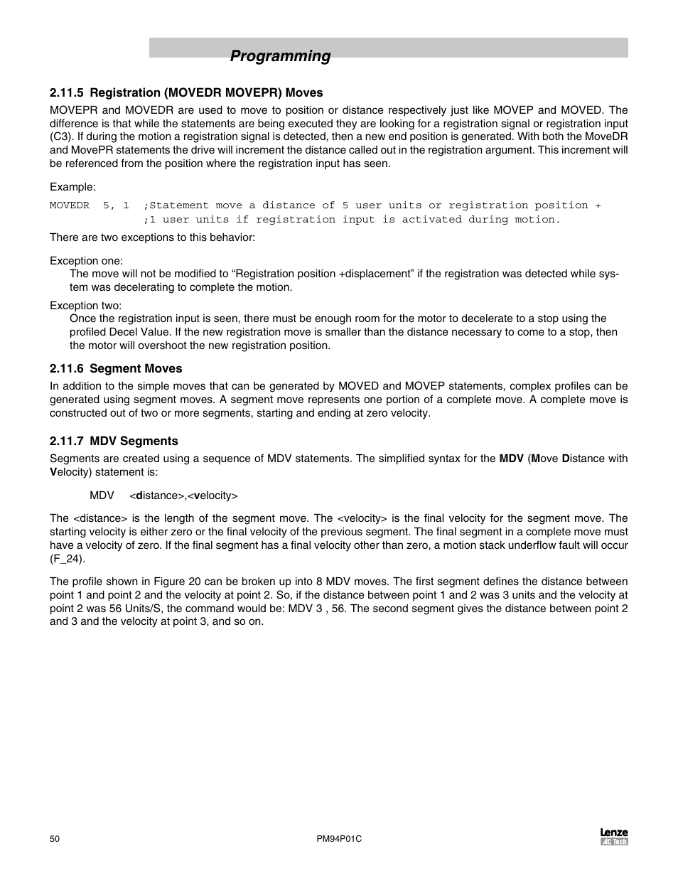 5 registration (movedr movepr) moves, 6 segment moves, 7 mdv segments | Programming | Lenze PM94P01C User Manual | Page 52 / 134