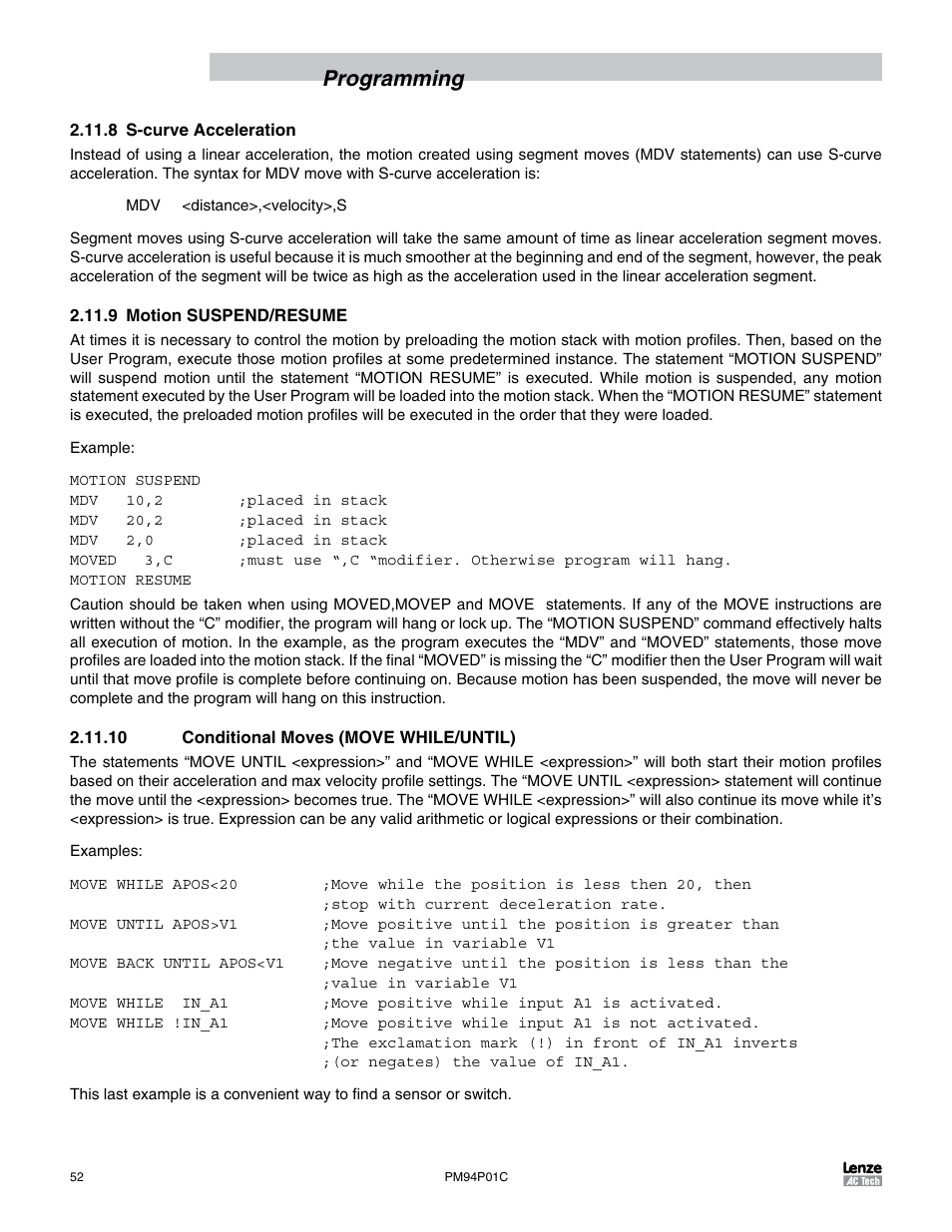 8 s-curve acceleration, 9 motion suspend/resume, 10 conditional moves (move while/until) | Programming | Lenze PM94P01C User Manual | Page 54 / 134
