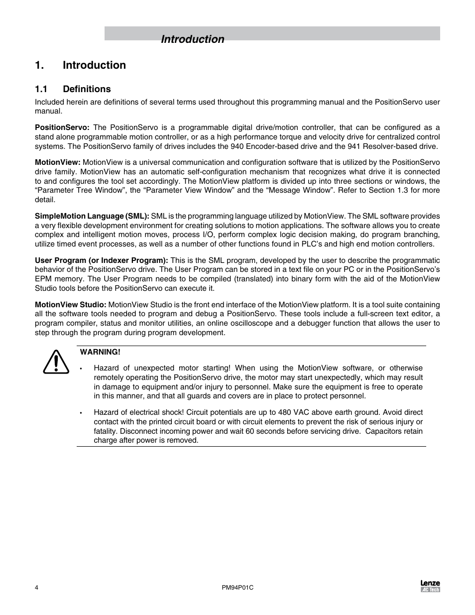 Introduction, 1 definitions, Introduction 1. introduction | Lenze PM94P01C User Manual | Page 6 / 134