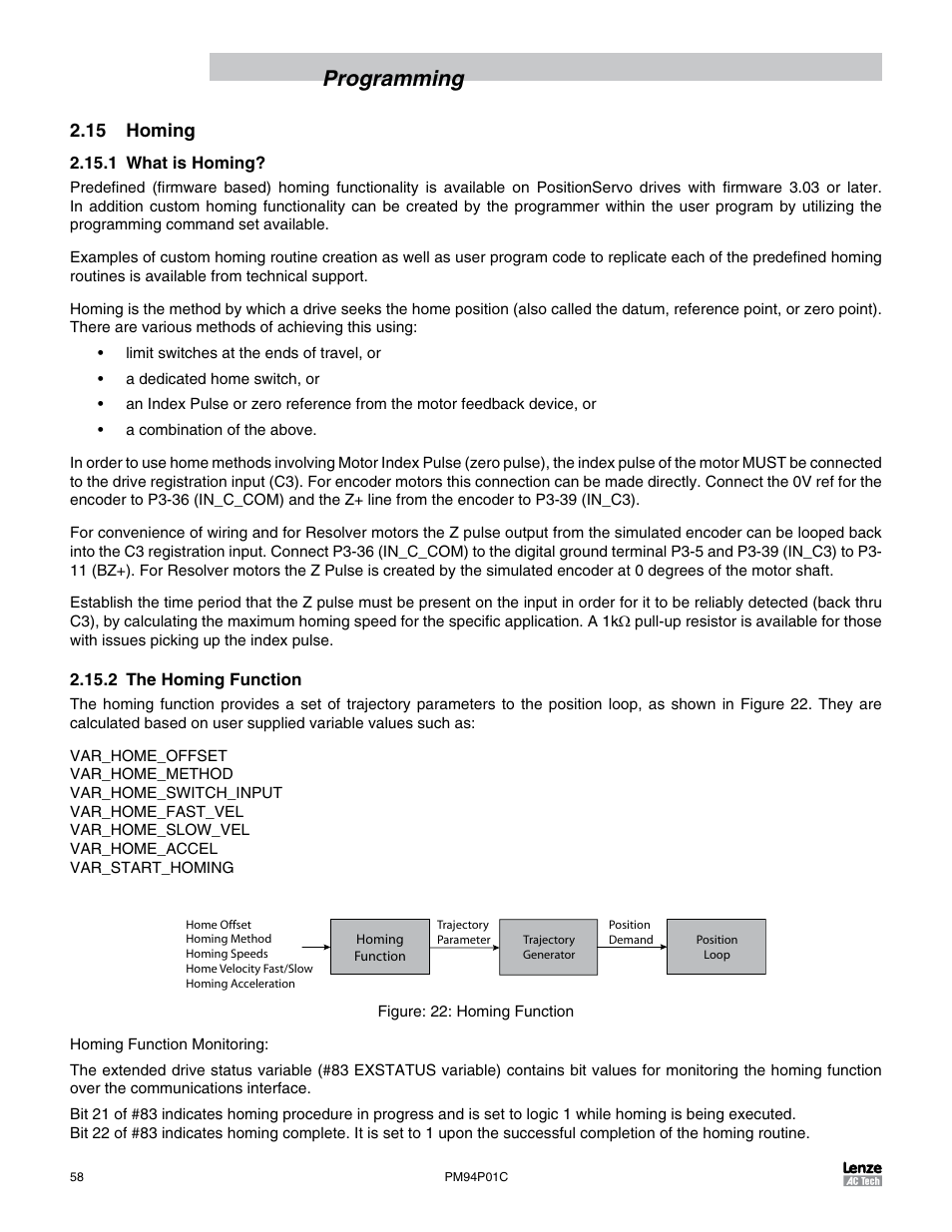 15 homing, 1 what is homing, 2 the homing function | Programming | Lenze PM94P01C User Manual | Page 60 / 134
