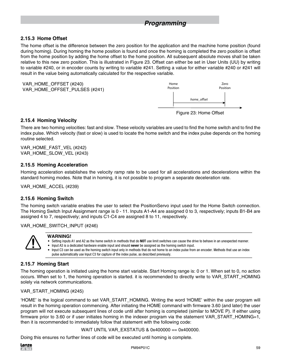 3 home offset, 4 homing velocity, 5 homing acceleration | 6 homing switch, 7 homing start, Programming | Lenze PM94P01C User Manual | Page 61 / 134