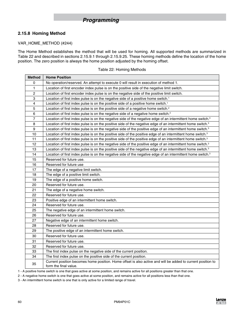 8 homing method, Programming | Lenze PM94P01C User Manual | Page 62 / 134
